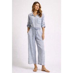 Scandal Italy Bohemian Beach Coastal Jaden Blue Gauze Straight Jumpsuit M NWT
